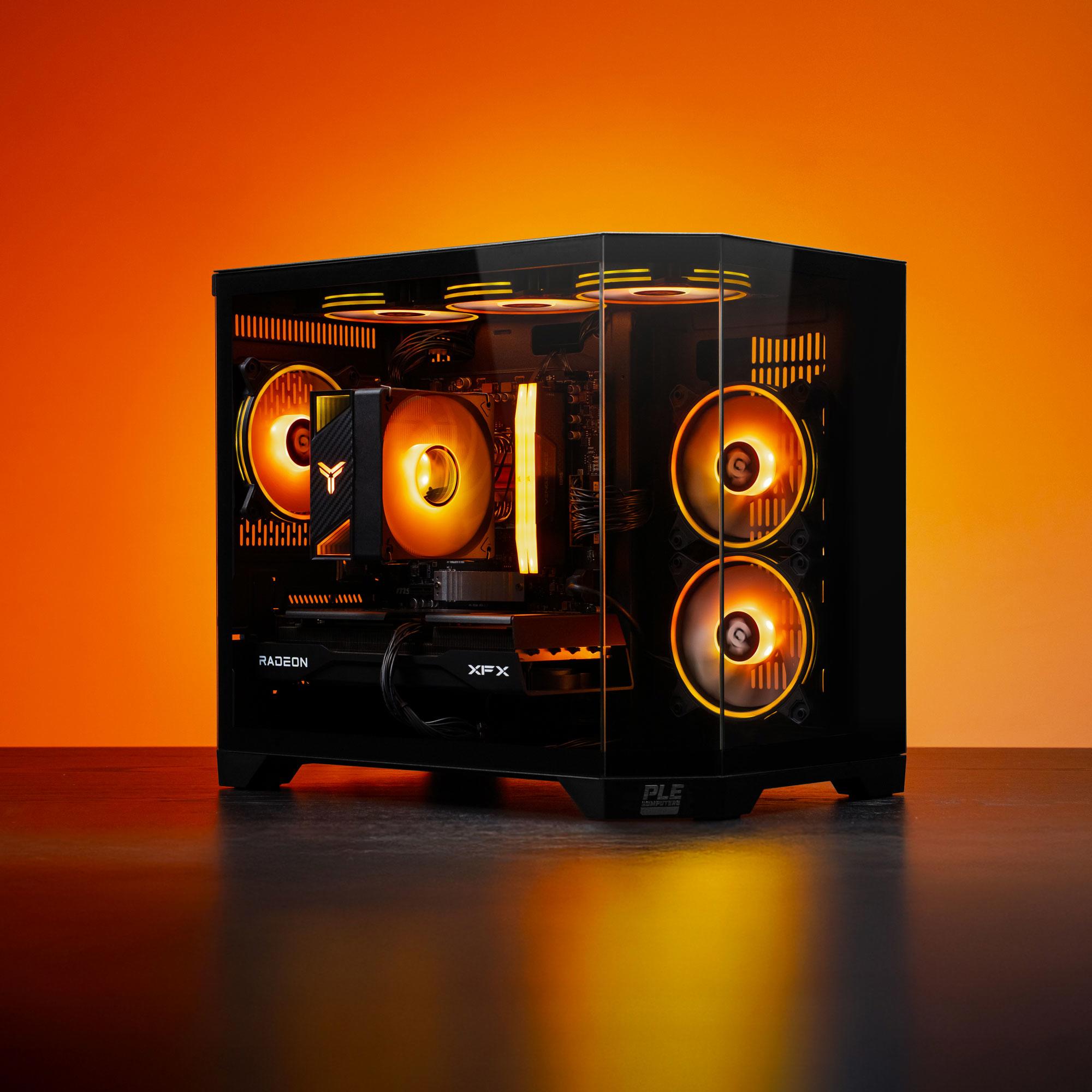 A large main feature product image of EX-DEMO PLE Ember RX 9060 XT Prebuilt Ready To Go Gaming PC