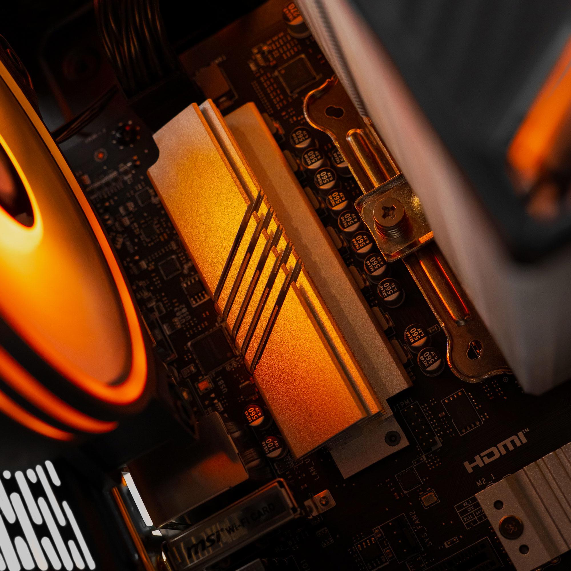 A large main feature product image of EX-DEMO PLE Ember RX 9060 XT Prebuilt Ready To Go Gaming PC