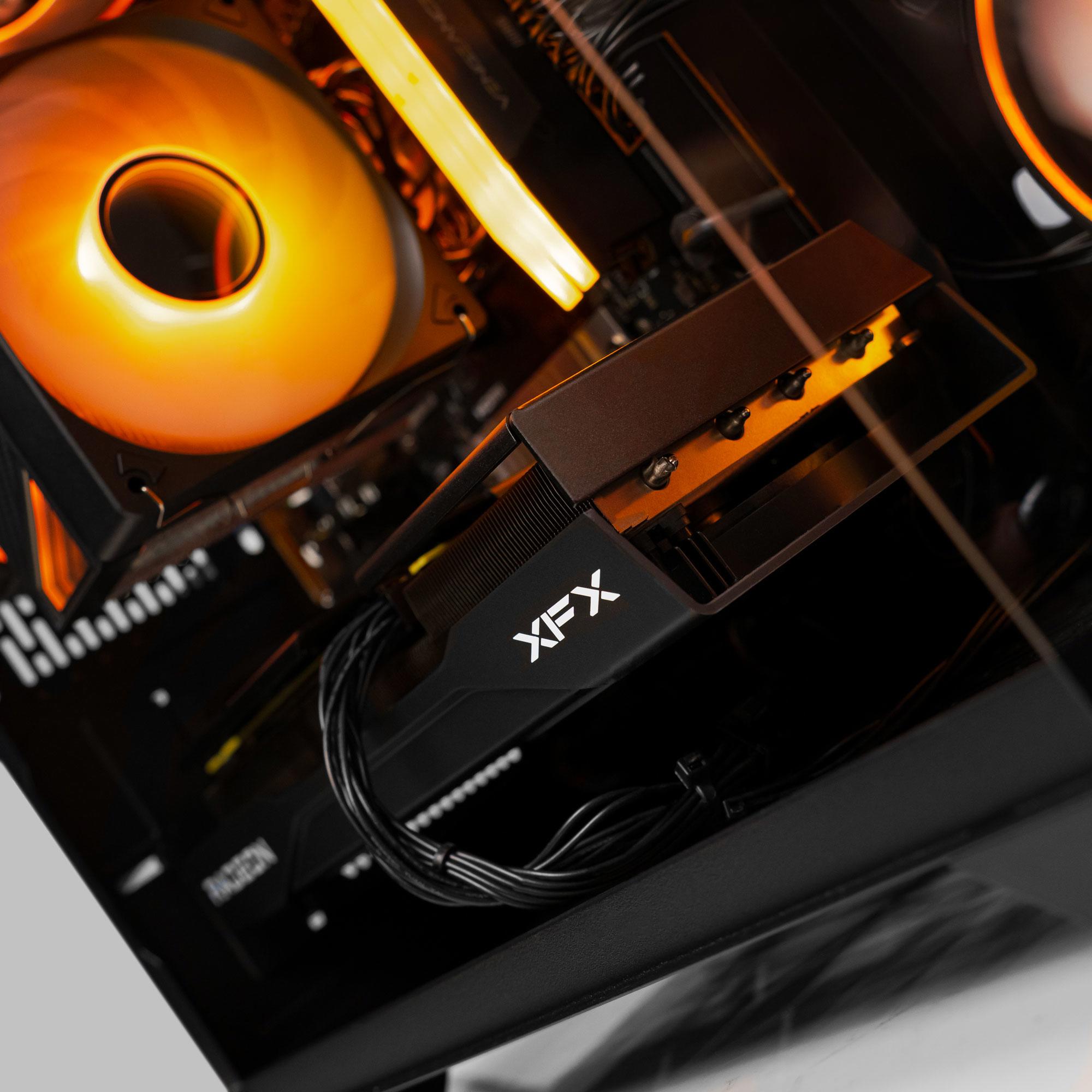 A large main feature product image of EX-DEMO PLE Ember RX 9060 XT Prebuilt Ready To Go Gaming PC