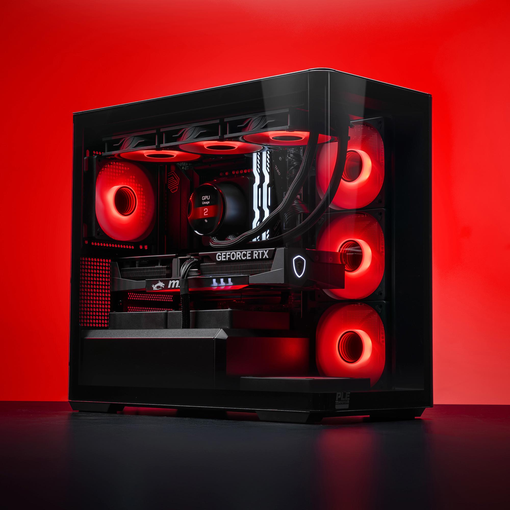 A large main feature product image of PLE Crimson RTX 5080 Prebuilt Ready To Go Gaming PC
