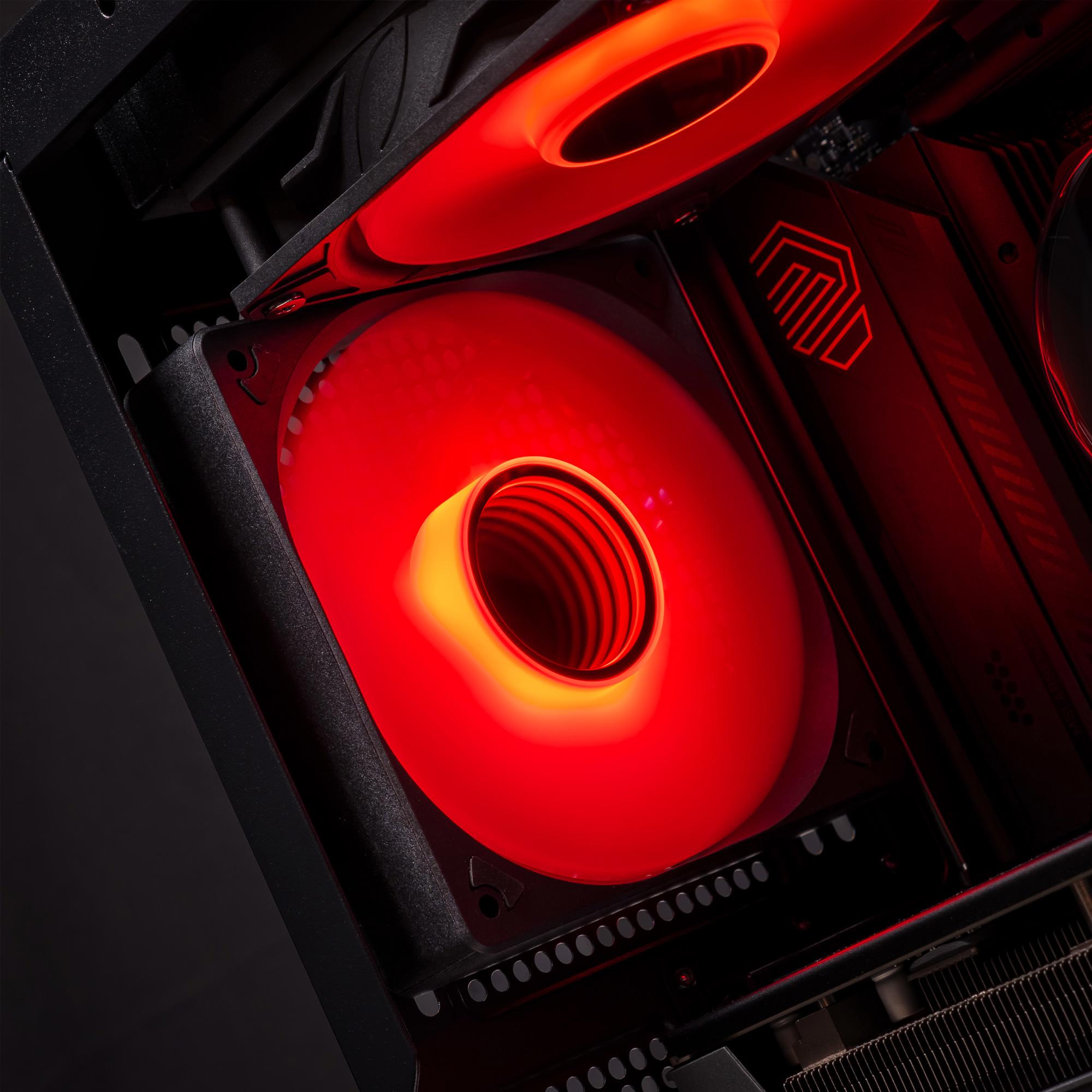 A large main feature product image of PLE Crimson RTX 5080 Prebuilt Ready To Go Gaming PC