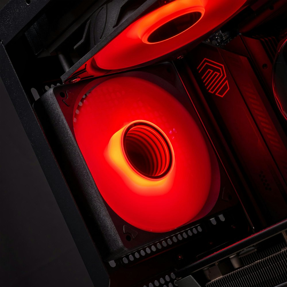 A large main feature product image of PLE Crimson RTX 5080 Prebuilt Ready To Go Gaming PC