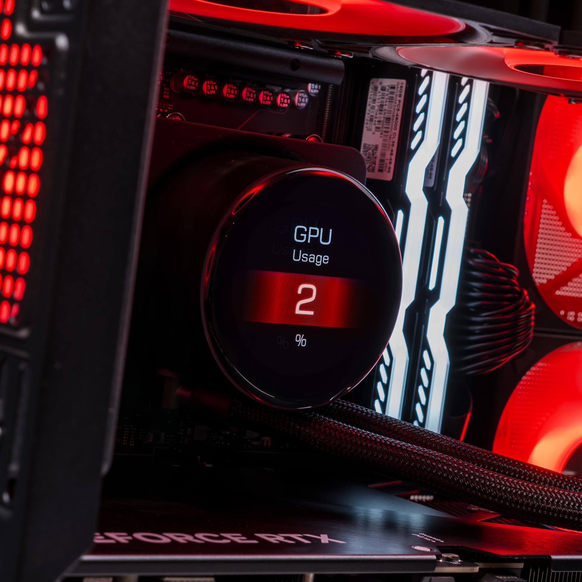 A large main feature product image of PLE Crimson RTX 5080 Prebuilt Ready To Go Gaming PC