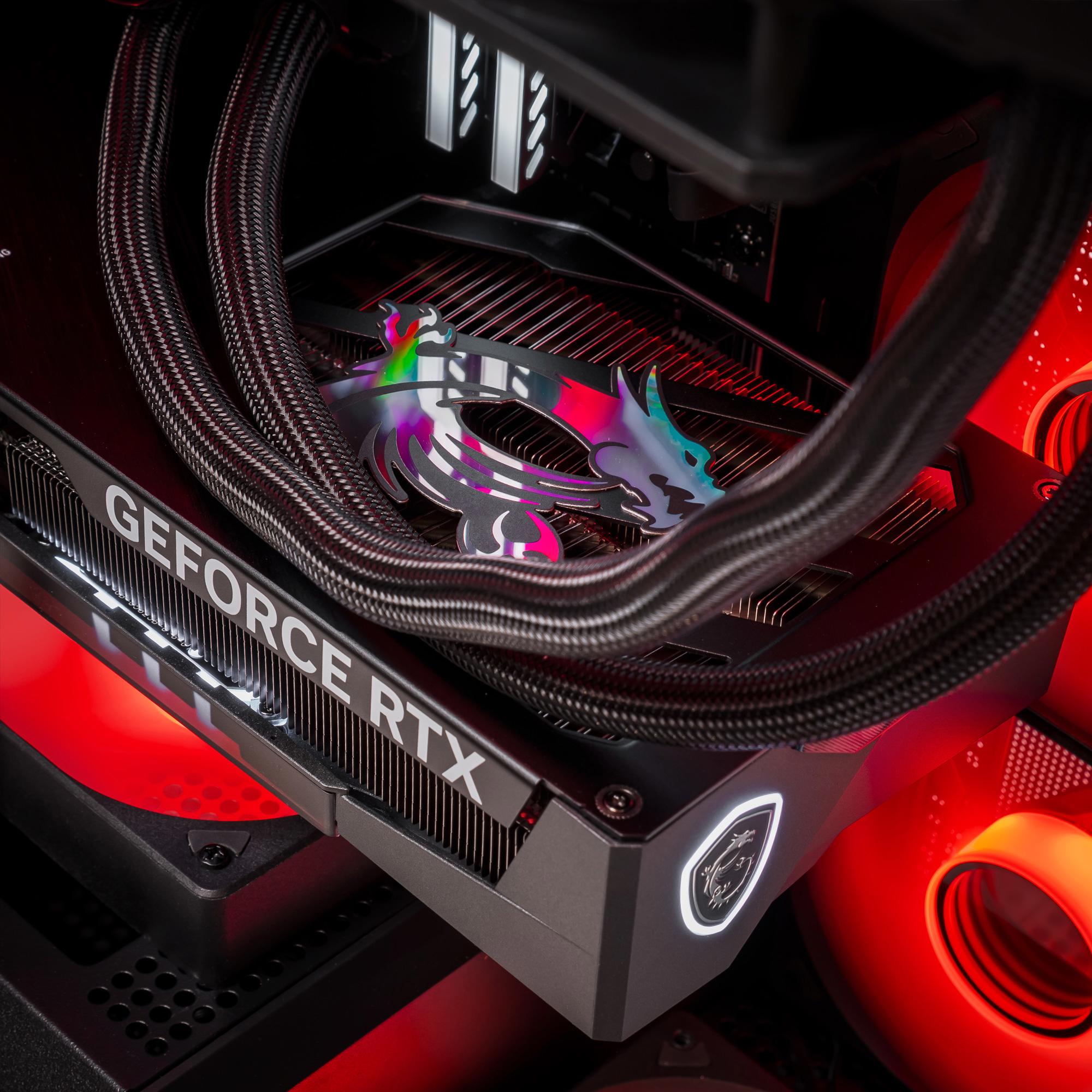 A large main feature product image of PLE Crimson RTX 5080 Prebuilt Ready To Go Gaming PC