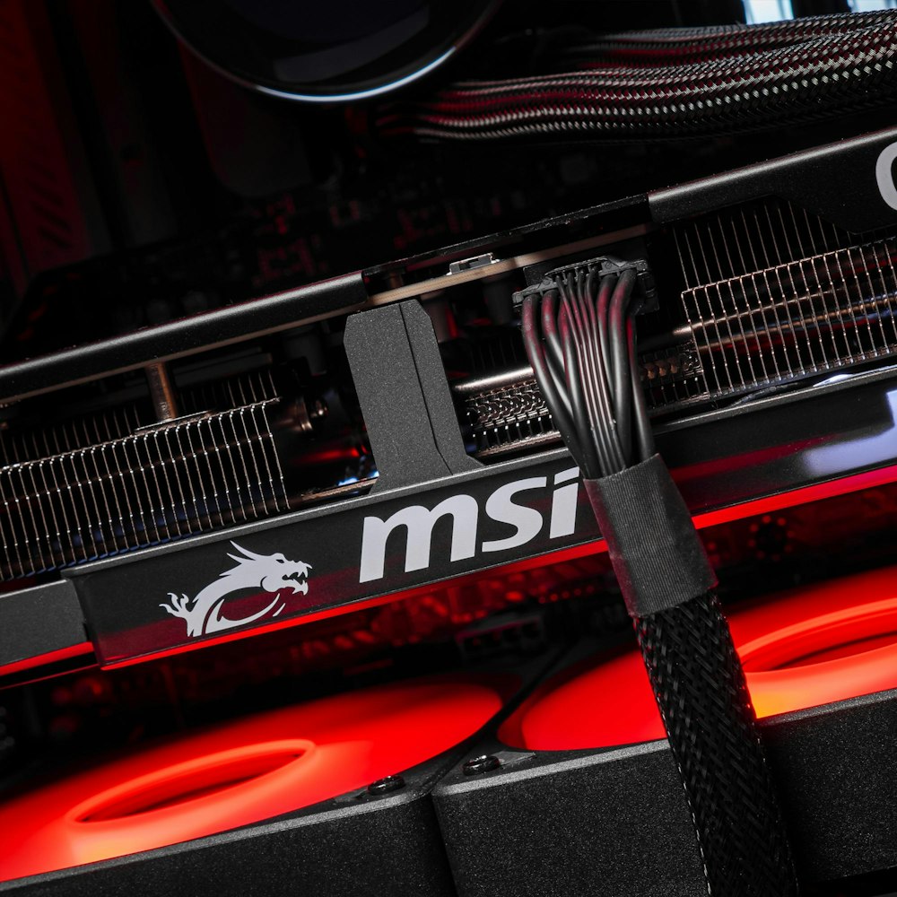 A large main feature product image of PLE Crimson RTX 5080 Prebuilt Ready To Go Gaming PC