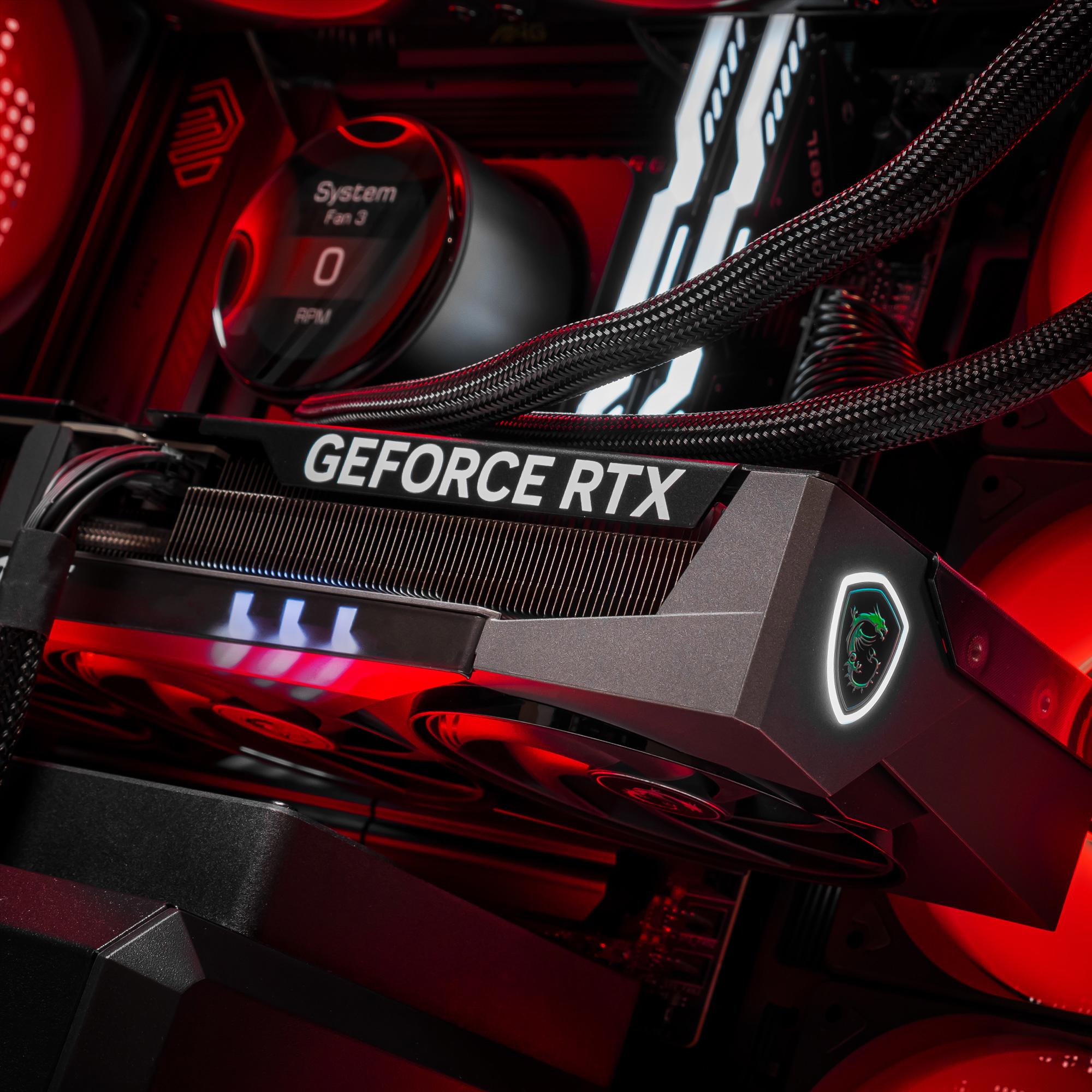 A large main feature product image of PLE Crimson RTX 5080 Prebuilt Ready To Go Gaming PC