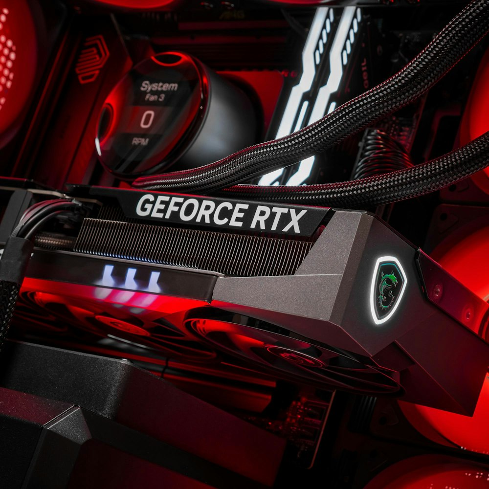 A large main feature product image of PLE Crimson RTX 5080 Prebuilt Ready To Go Gaming PC