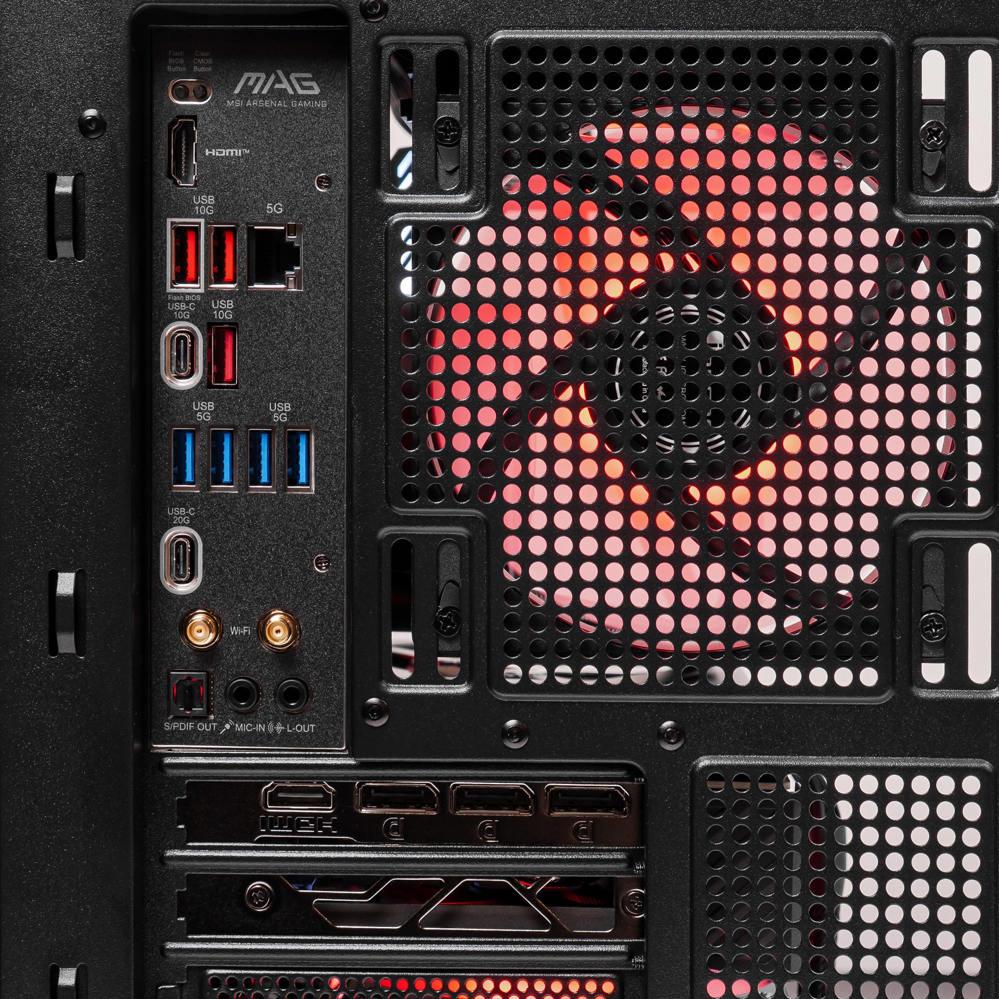 A large main feature product image of PLE Crimson RTX 5080 Prebuilt Ready To Go Gaming PC