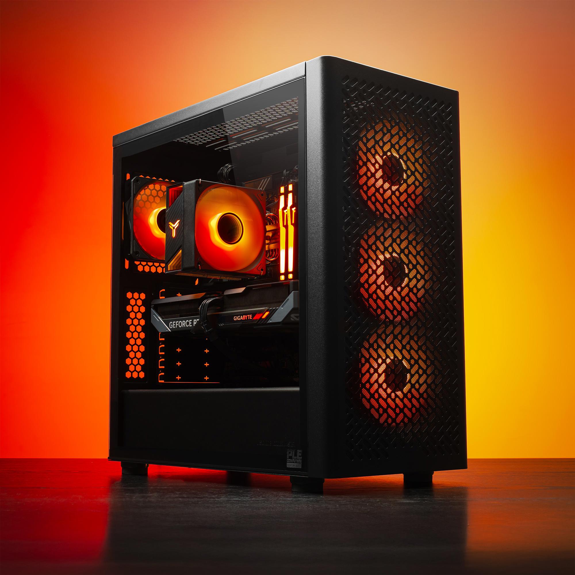 A large main feature product image of PLE Flame RTX 5070 Prebuilt Ready To Go Gaming PC