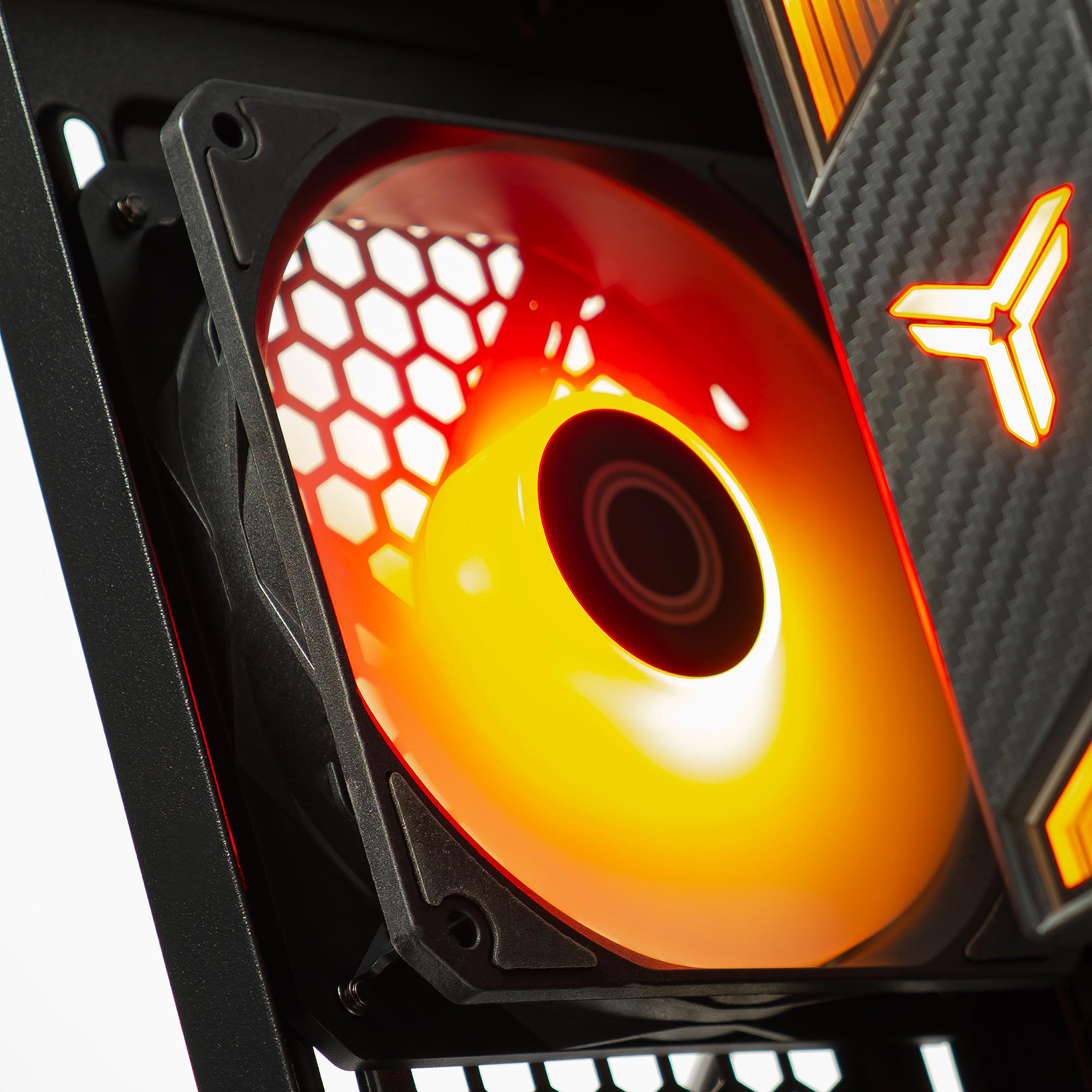 A large main feature product image of PLE Flame RTX 5070 Prebuilt Ready To Go Gaming PC