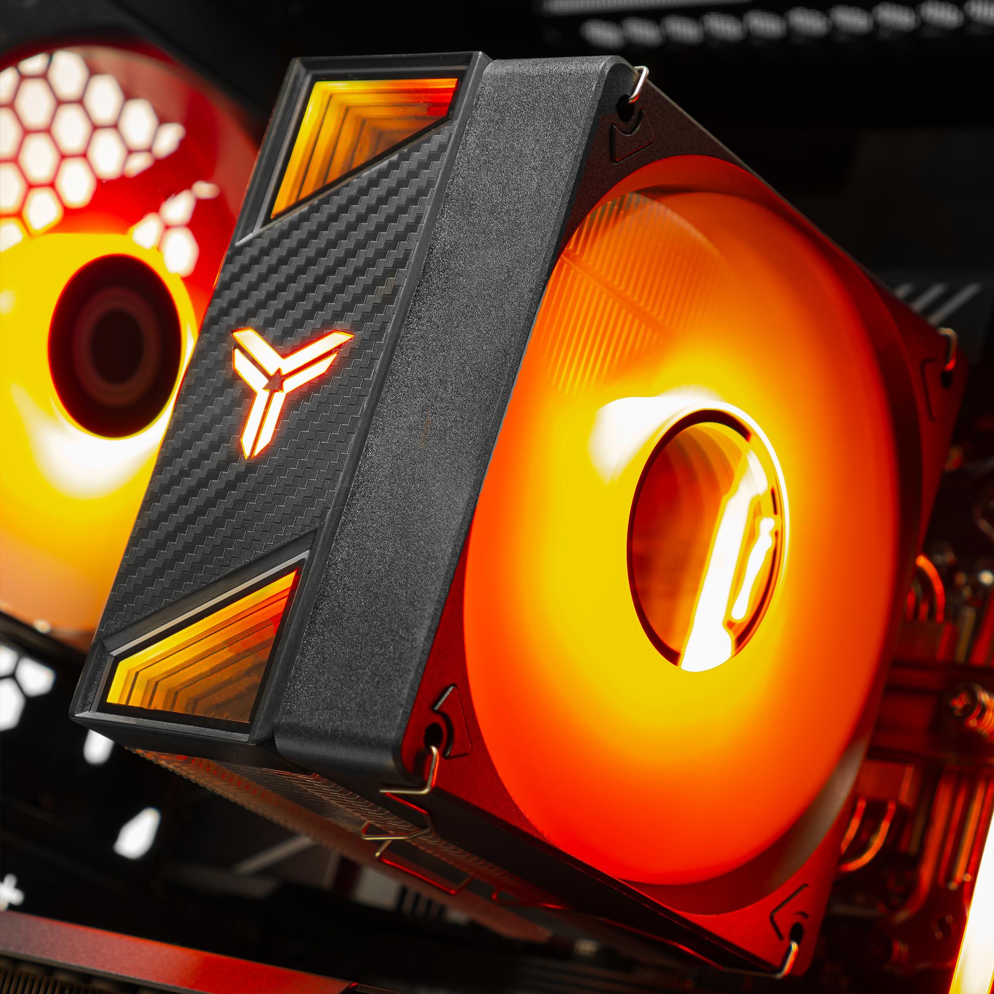 A large main feature product image of PLE Flame RTX 5070 Prebuilt Ready To Go Gaming PC