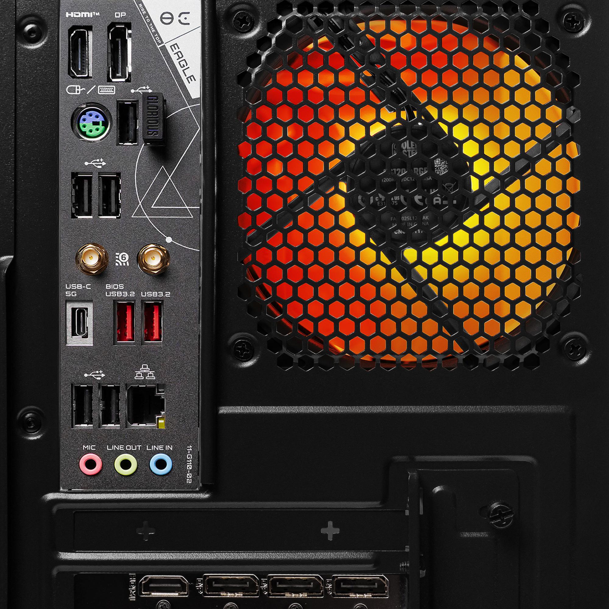 A large main feature product image of PLE Flame RTX 5070 Prebuilt Ready To Go Gaming PC