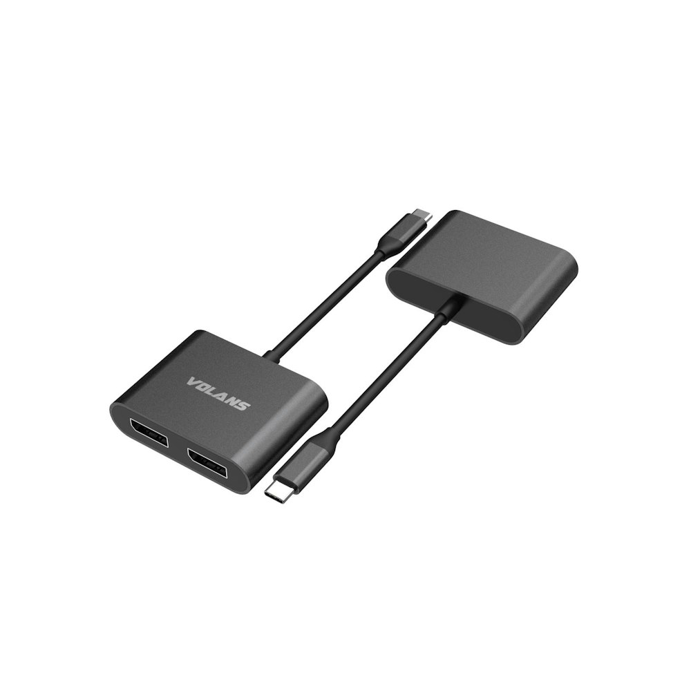 A large main feature product image of Volans Aluminium 4K USB-C to Dual DisplayPort Adapter with MST Dual Monitor