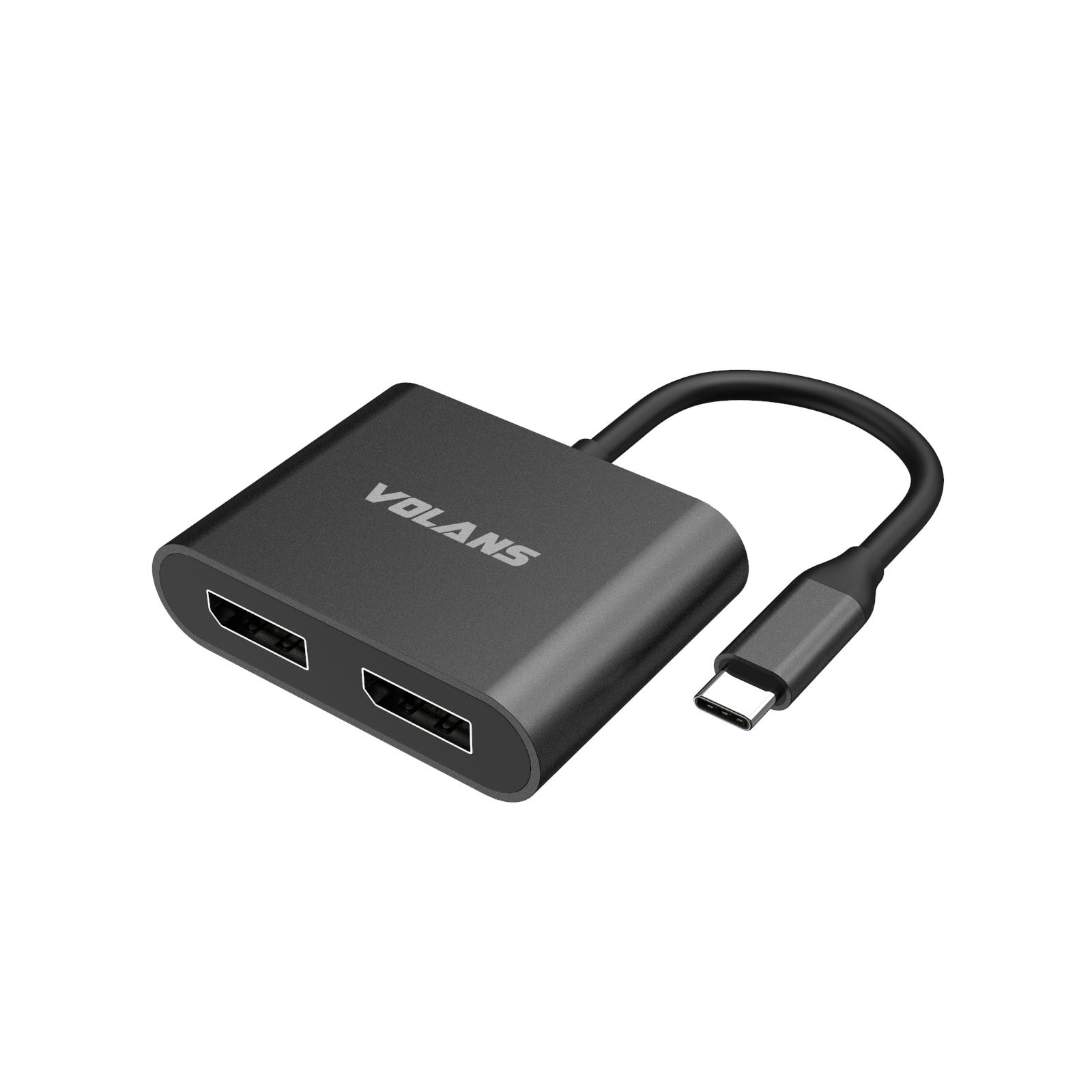 A large main feature product image of Volans Aluminium 4K USB-C to Dual DisplayPort Adapter with MST Dual Monitor