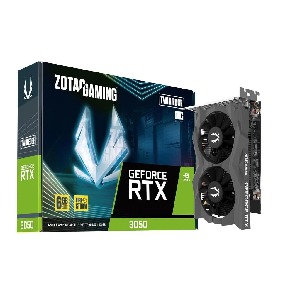 A large main feature product image of ZOTAC Gaming GeForce RTX 3050 Twin Edge OC 6GB GDDR6