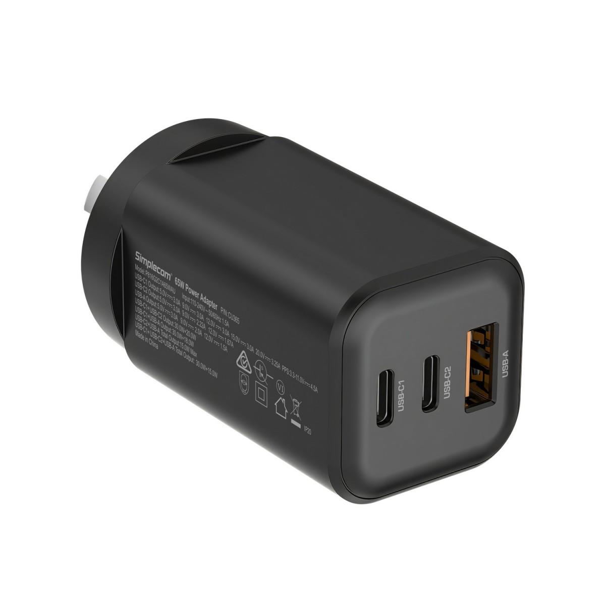 A large main feature product image of Simplecom CU365 3-Port PD 65W GaN Wall Charger Dual USB-C + USB-A