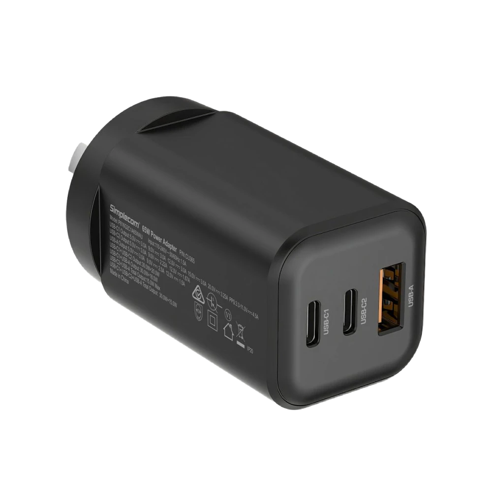 A large main feature product image of Simplecom CU365 3-Port PD 65W GaN Wall Charger Dual USB-C + USB-A