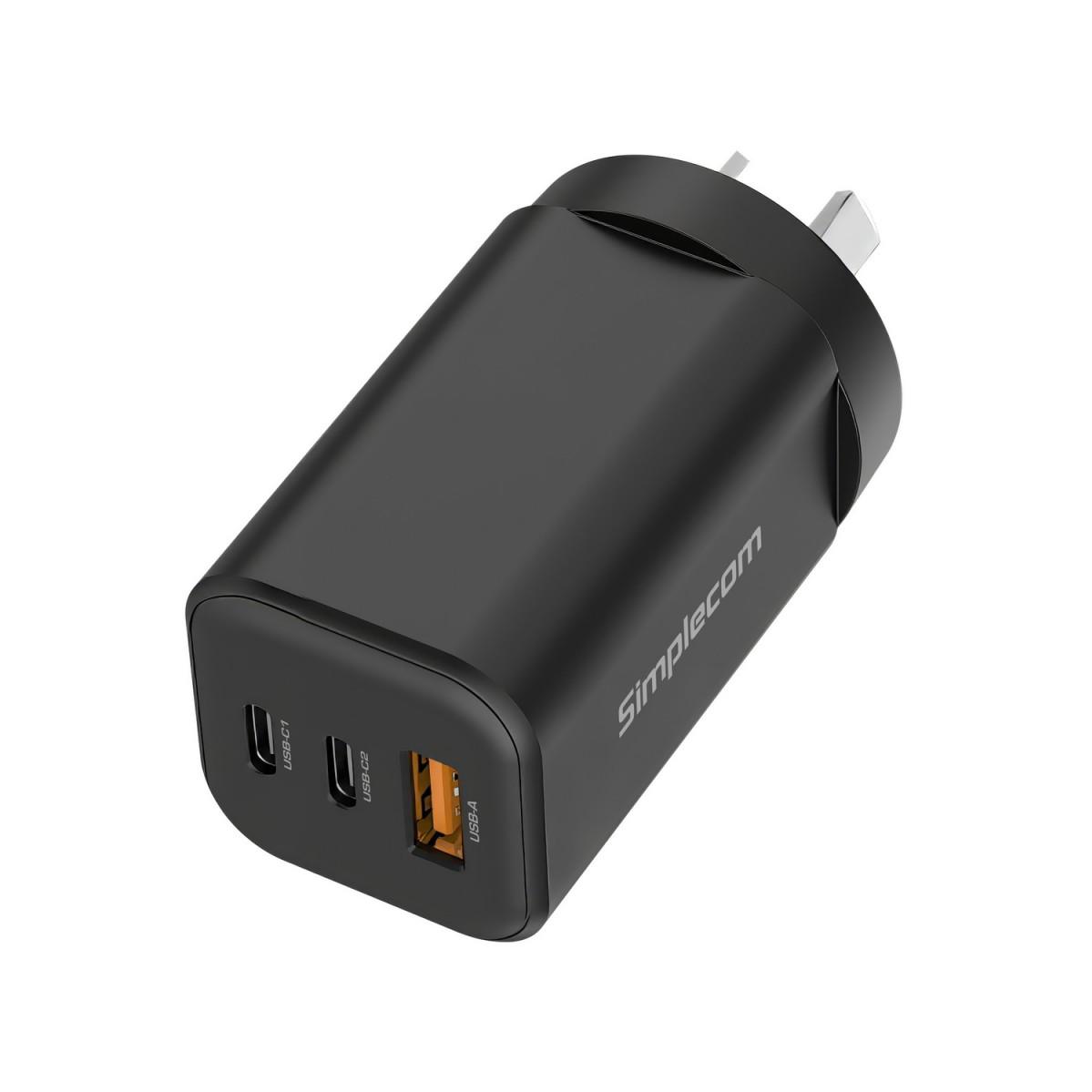 A large main feature product image of Simplecom CU365 3-Port PD 65W GaN Wall Charger Dual USB-C + USB-A