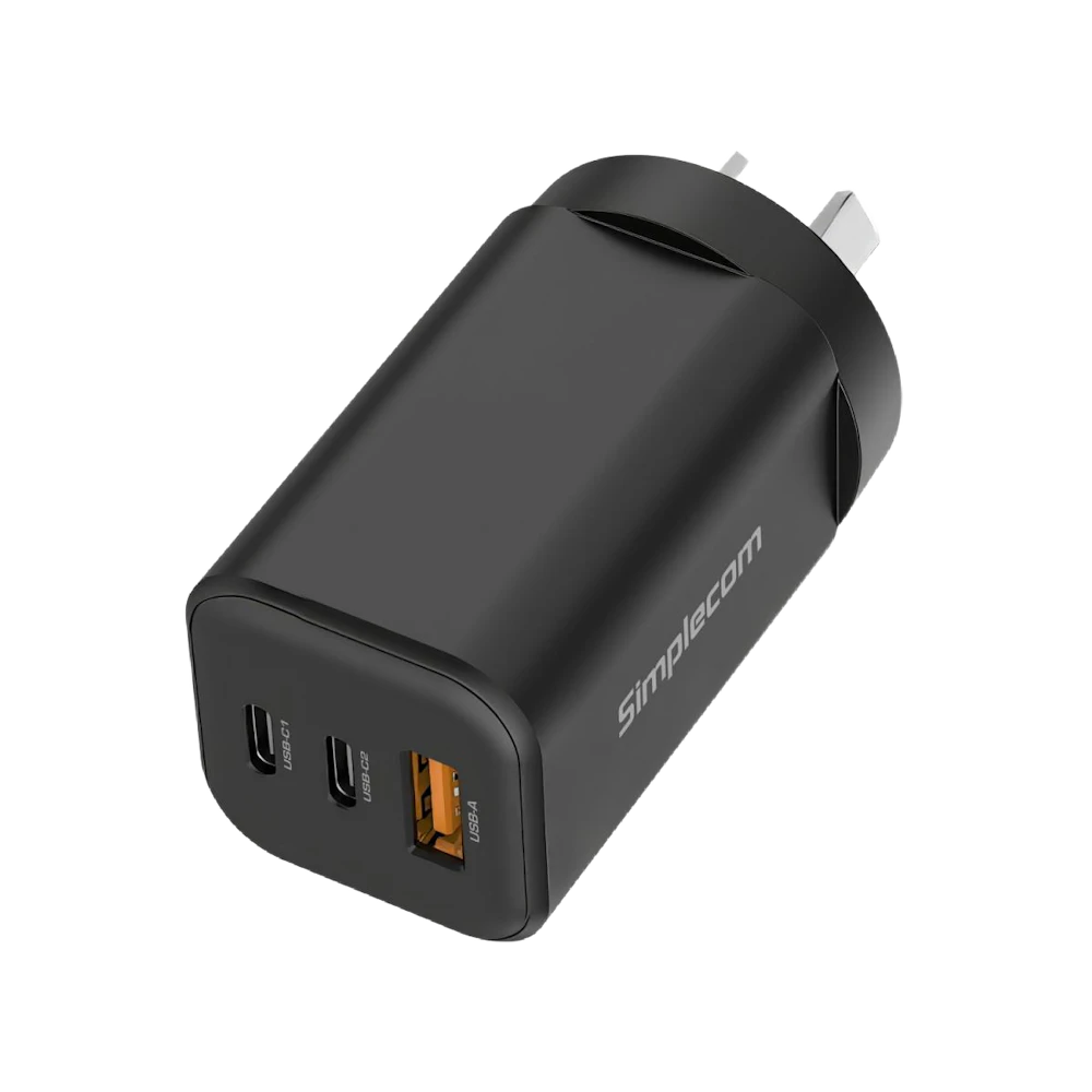 A large main feature product image of Simplecom CU365 3-Port PD 65W GaN Wall Charger Dual USB-C + USB-A