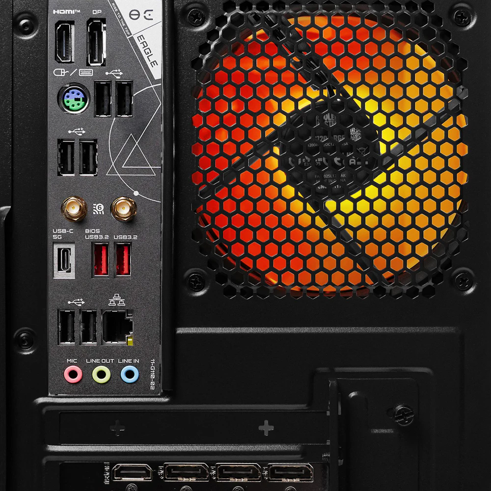 A large main feature product image of PLE Flame RTX 5070 Prebuilt Ready To Go Gaming PC