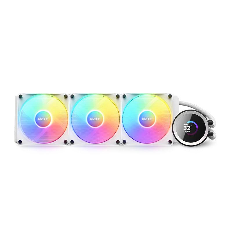 A large main feature product image of NZXT Kraken RGB AIO Liquid CPU Cooler - 360mm White