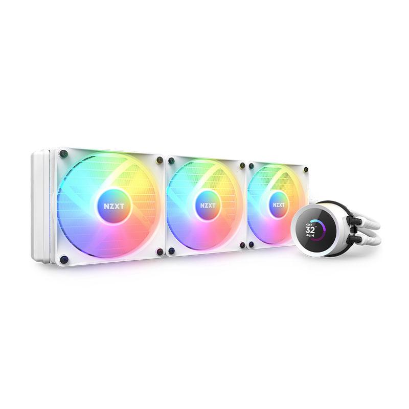 A large main feature product image of NZXT Kraken RGB AIO Liquid CPU Cooler - 360mm White