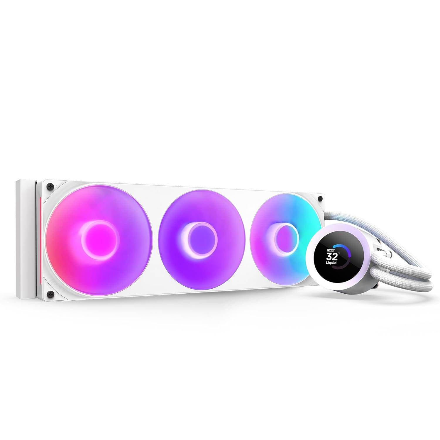 A large main feature product image of NZXT Kraken Plus RGB AIO Liquid CPU Cooler - 360mm White