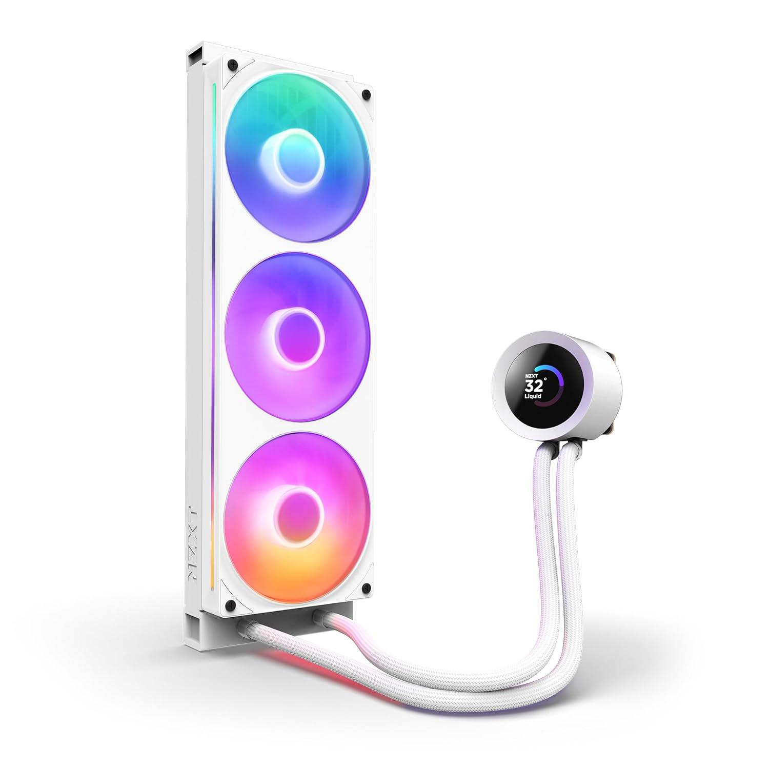 A large main feature product image of NZXT Kraken Plus RGB AIO Liquid CPU Cooler - 360mm White