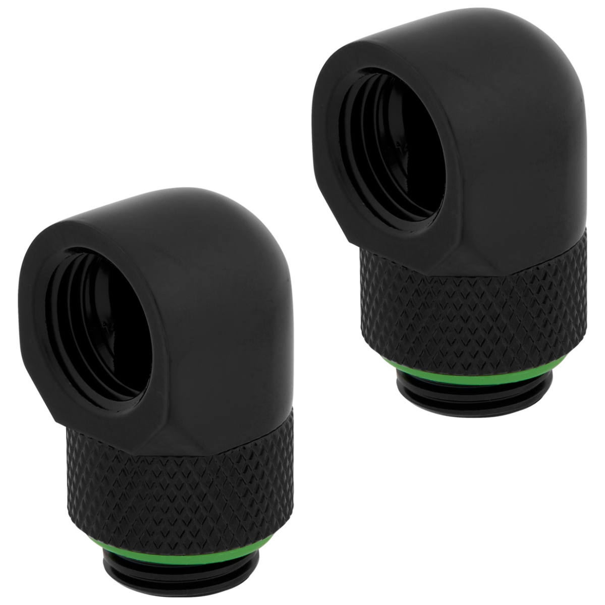 A large main feature product image of EX-DEMO Corsair Hydro X Series 90° Rotary Adapter Twin Pack — Black
