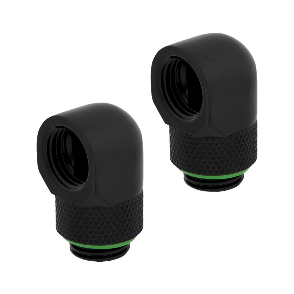 A large main feature product image of EX-DEMO Corsair Hydro X Series 90° Rotary Adapter Twin Pack — Black
