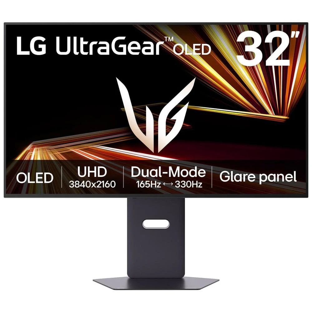 A large main feature product image of EX-DEMO LG UltraGear GX8 OLED 32GX850A-B - 32" 4K 2160p 165Hz / 1080p 330Hz 0.03ms Gaming Monitor