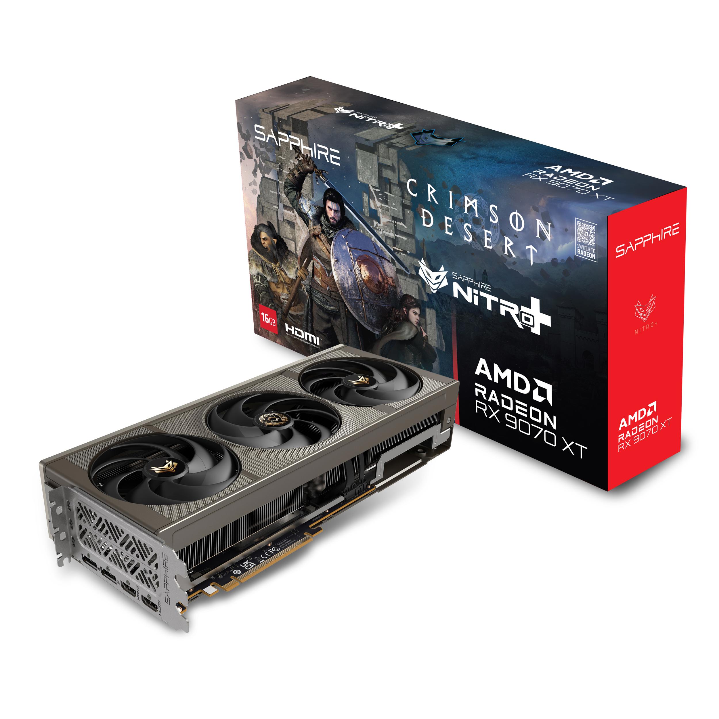 A large main feature product image of SAPPHIRE NITRO+ Radeon RX 9070 XT 16GB GDDR6 - Crimson Desert Edition