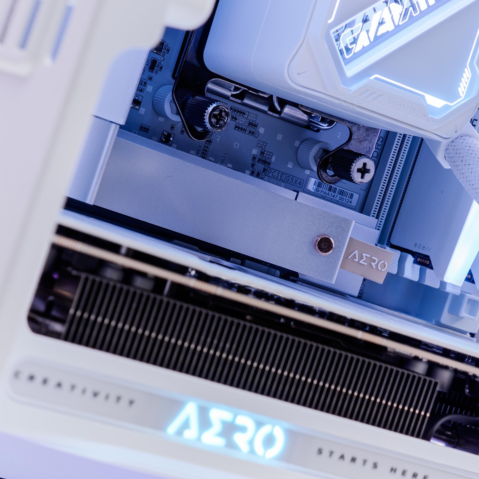 A large main feature product image of PLE Aero RTX 5080 Prebuilt Ready To Go Gaming PC