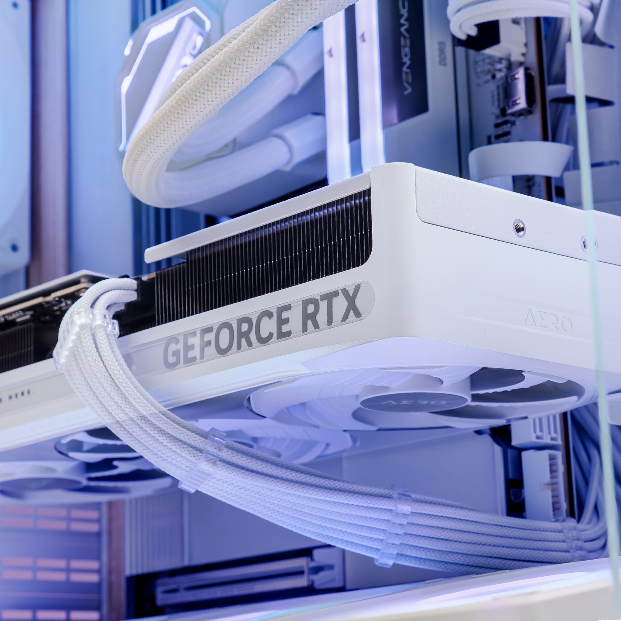 A large main feature product image of PLE Aero RTX 5080 Prebuilt Ready To Go Gaming PC