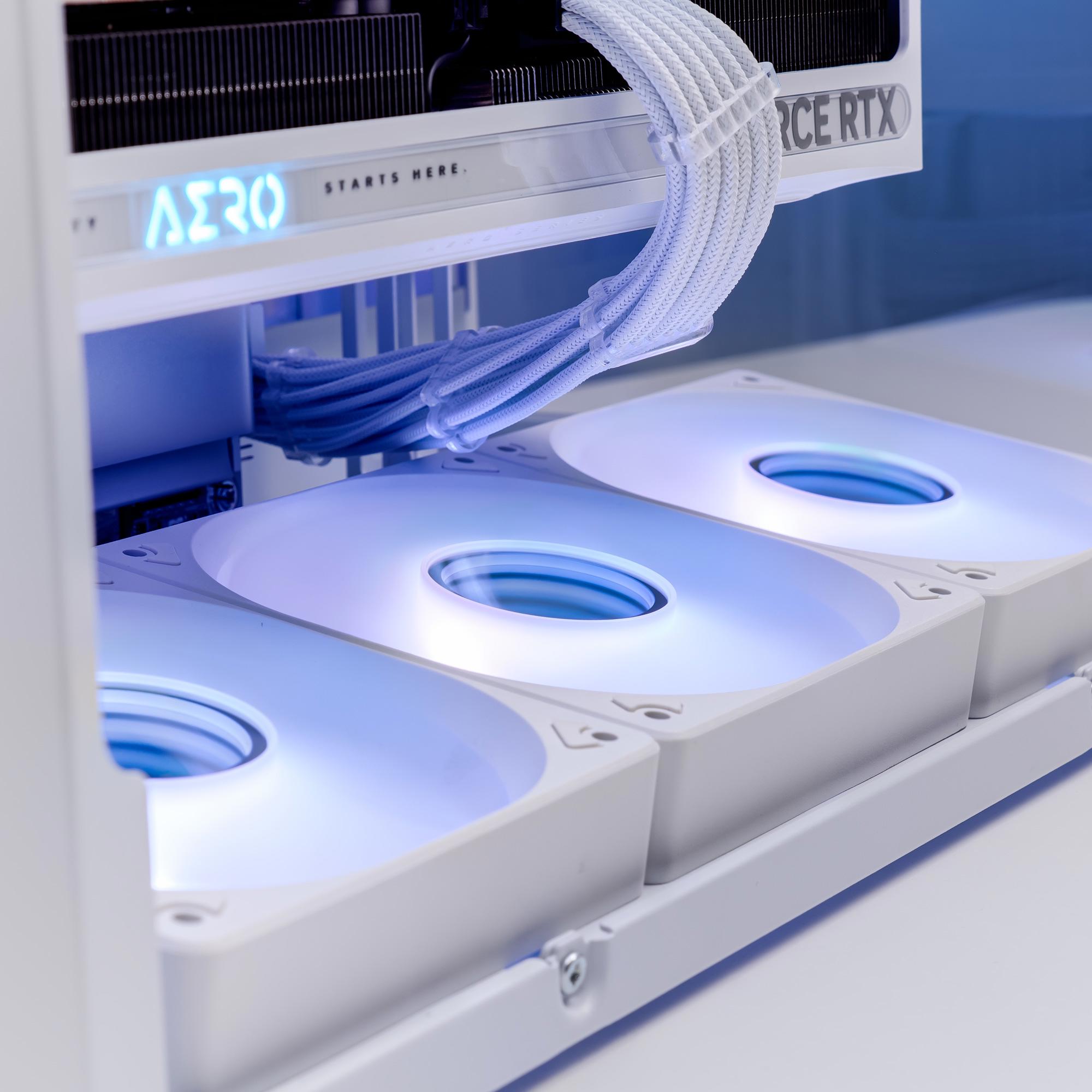 A large main feature product image of PLE Aero RTX 5080 Prebuilt Ready To Go Gaming PC