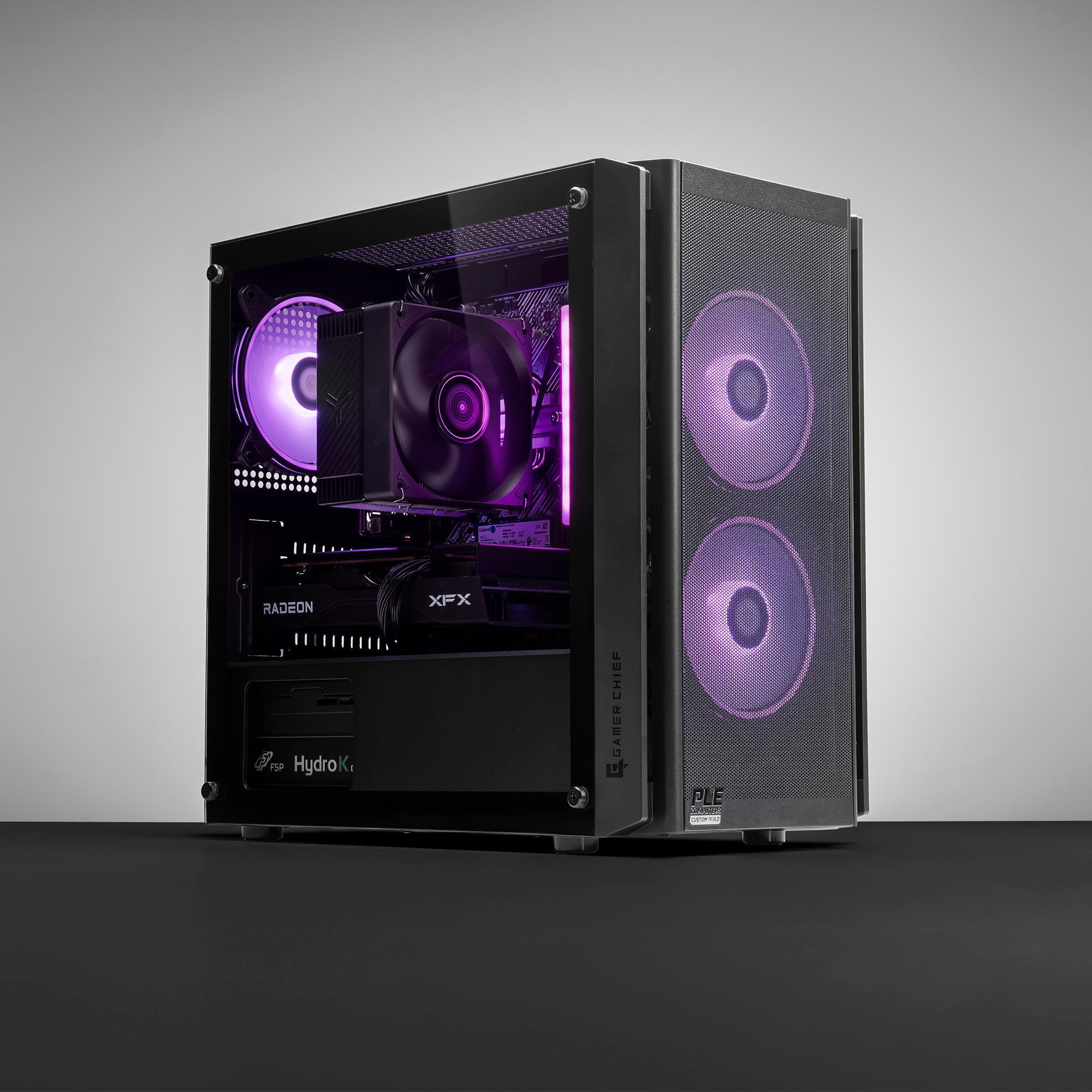 A large main feature product image of PLE Edge RX 9060 Prebuilt Ready To Go Gaming PC