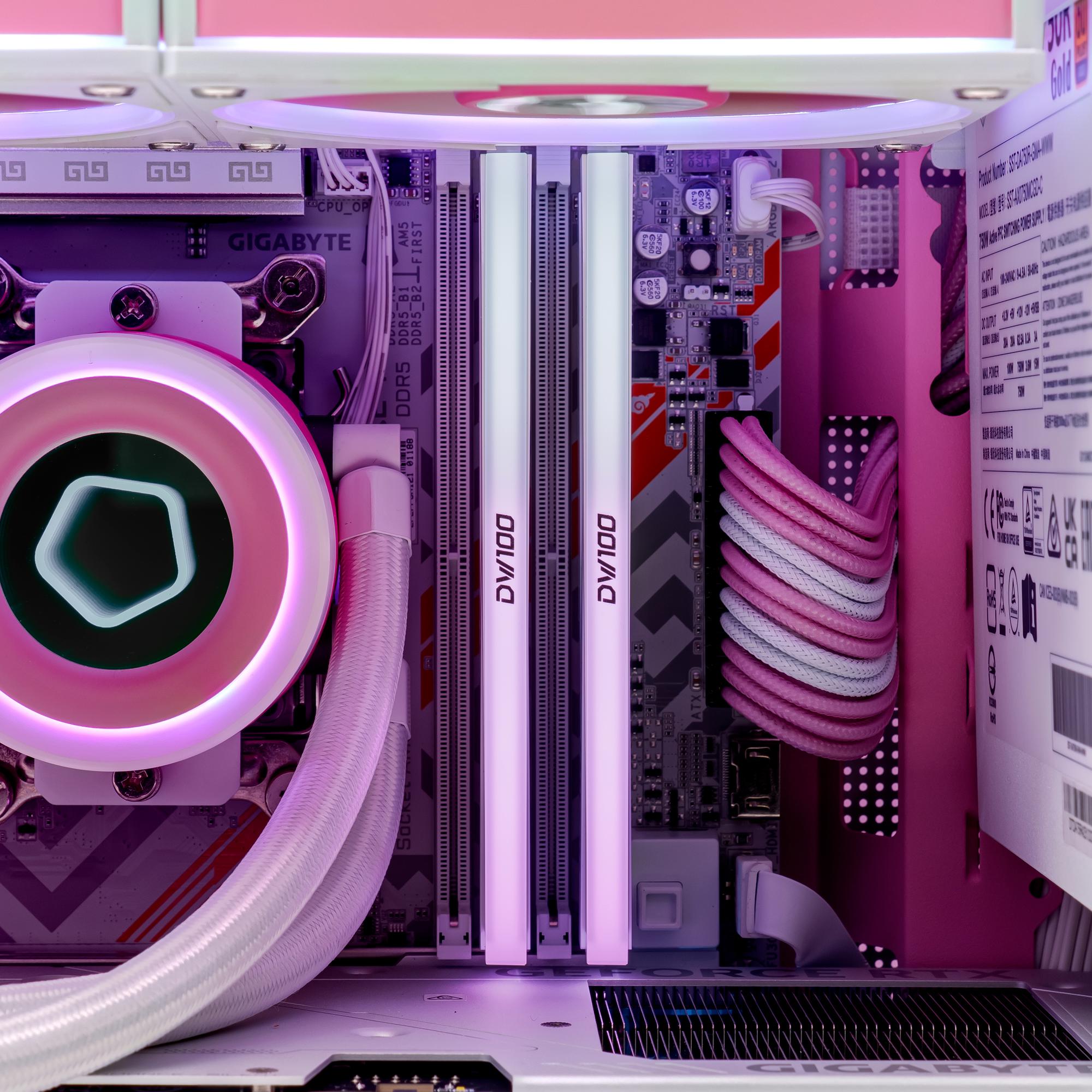 A large main feature product image of PLE Sakura RTX 5070 Ti Prebuilt Ready To Go Gaming PC