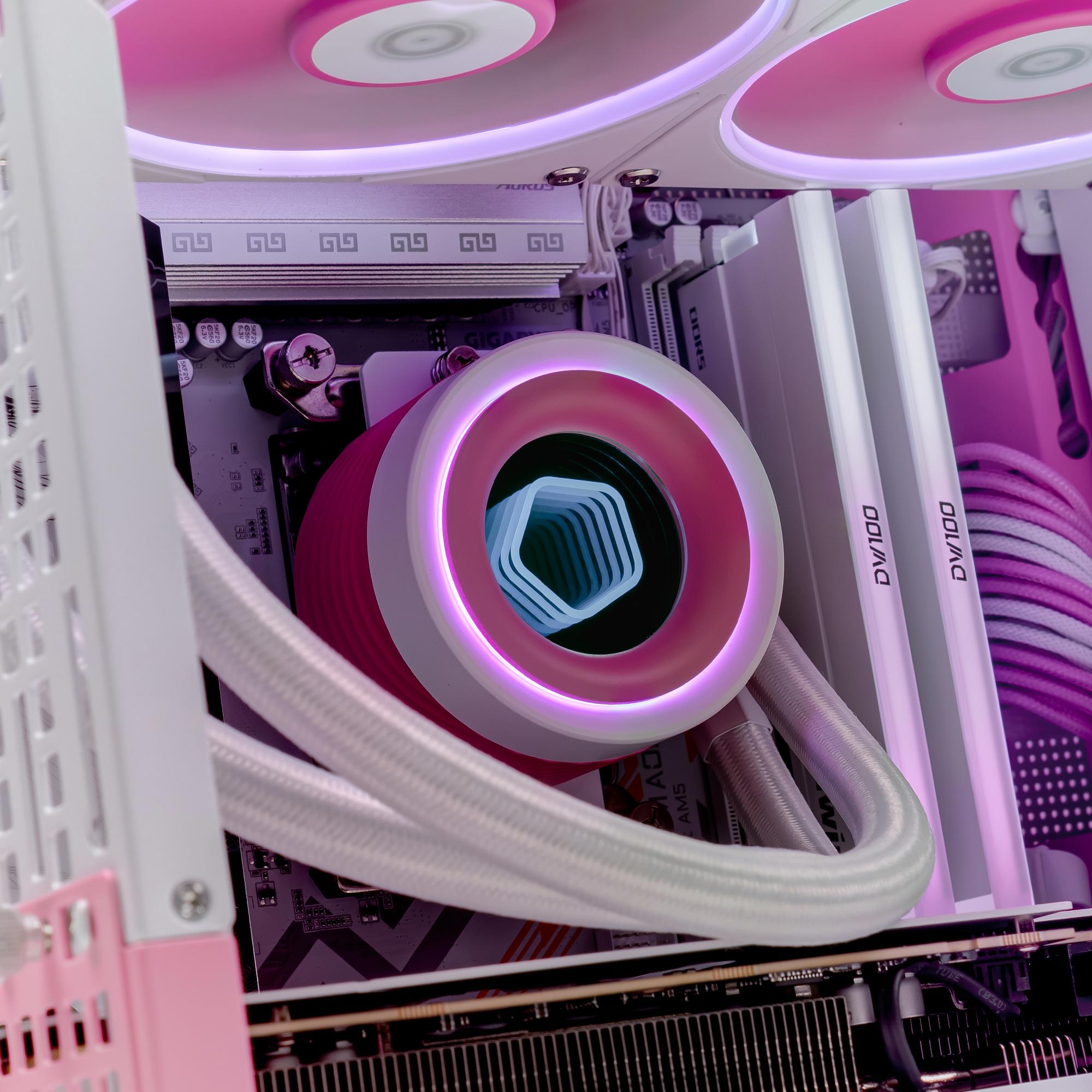 A large main feature product image of PLE Sakura RTX 5070 Ti Prebuilt Ready To Go Gaming PC