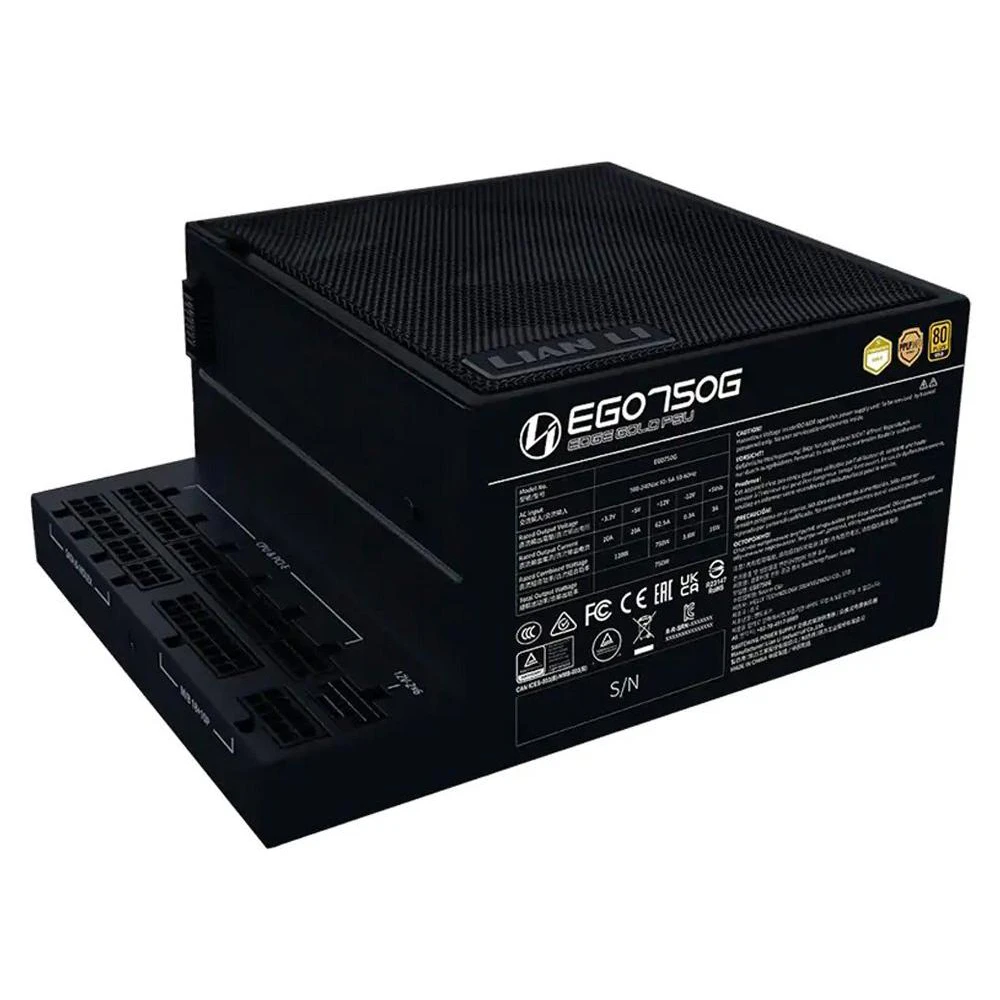 A large main feature product image of EX-DEMO Lian Li Edge 750W Gold PCIe 5.1 ATX 3.1 Modular PSU (Black)