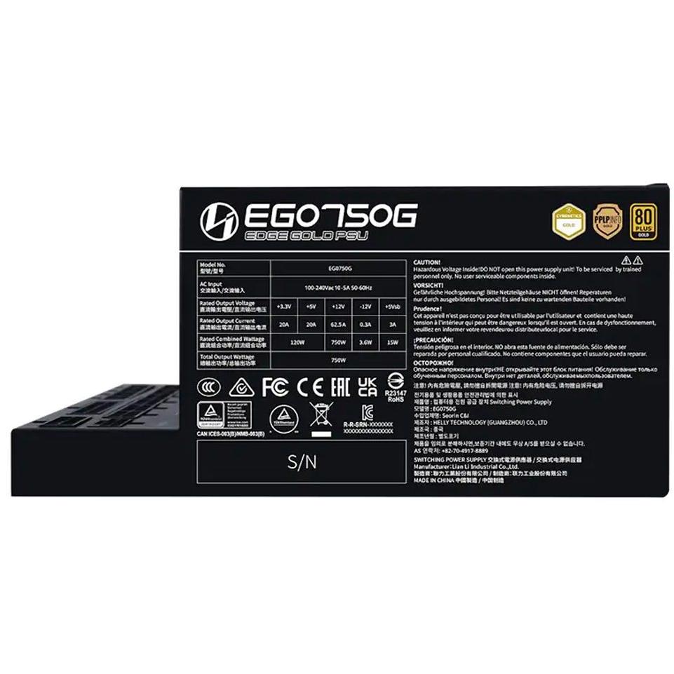 A large main feature product image of EX-DEMO Lian Li Edge 750W Gold PCIe 5.1 ATX 3.1 Modular PSU (Black)