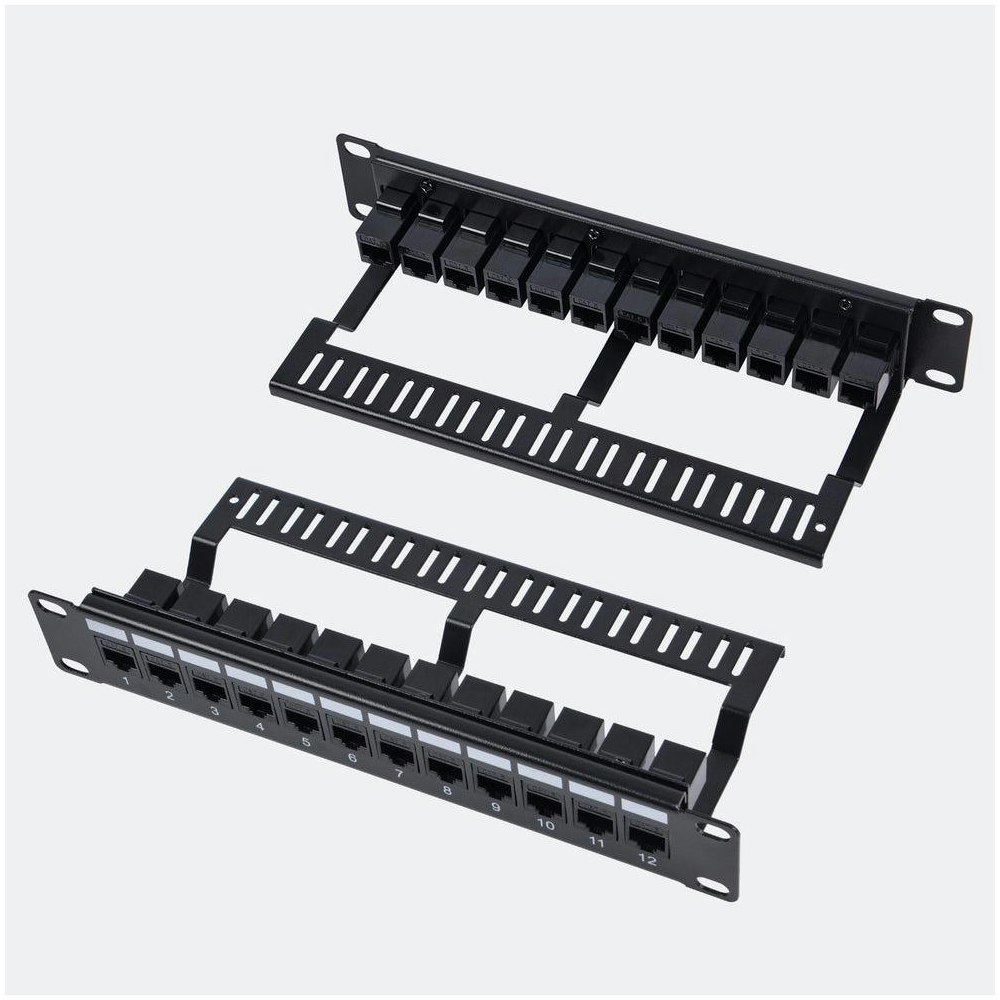 A large main feature product image of DeskPi RackMate 10" 1U 12-Port Blank CAT6 Keystone Patch Panel w/ Cable Management