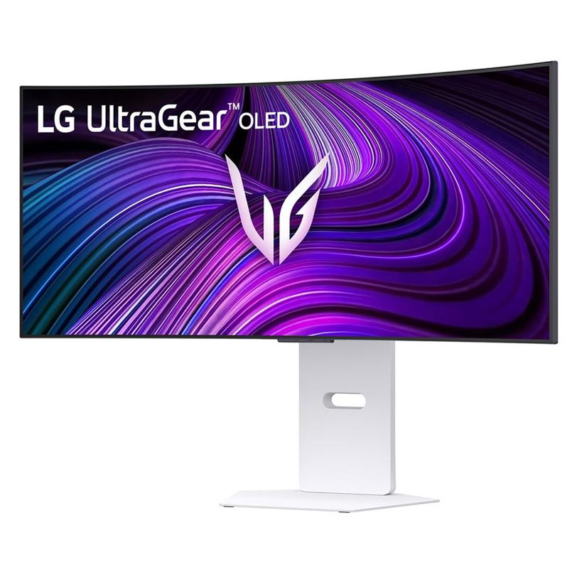 A large main feature product image of EX-DEMO LG UltraGear OLED 34GX90SA-W - 34" Curved 1440p Ultrawide 240Hz 0.03ms Gaming Monitor (White)