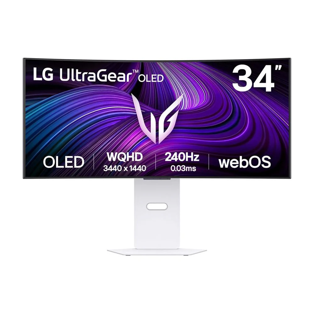 A large main feature product image of EX-DEMO LG UltraGear OLED 34GX90SA-W - 34" Curved 1440p Ultrawide 240Hz 0.03ms Gaming Monitor (White)