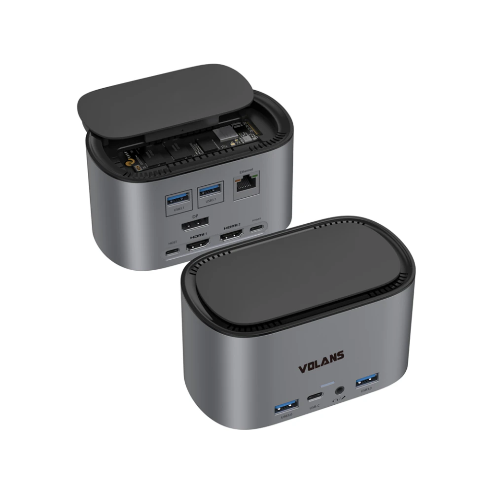 A large main feature product image of EX-DEMO Volans Aluminium 12-in-1 Triple Display USB Type-C Docking Station