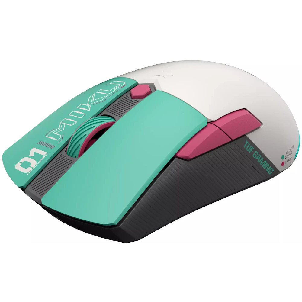 A large main feature product image of EX-DEMO ASUS TUF Gaming Mini Wireless Gaming Mouse - Hatsune Miku Edition