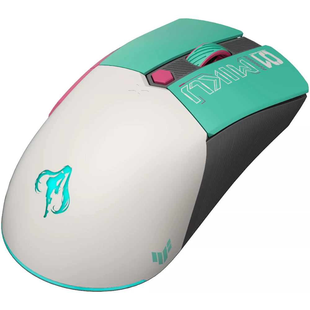 A large main feature product image of EX-DEMO ASUS TUF Gaming Mini Wireless Gaming Mouse - Hatsune Miku Edition