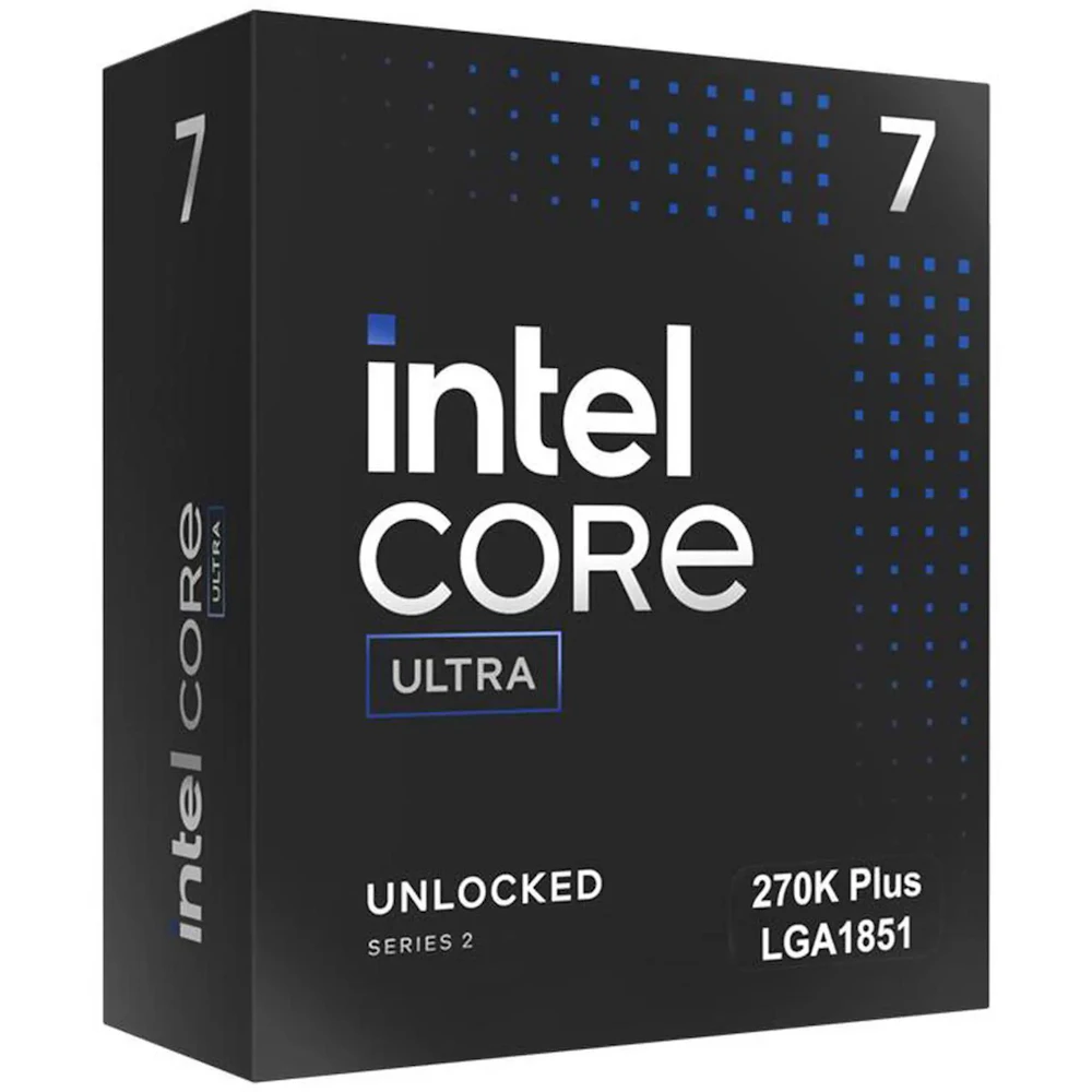A large main feature product image of Intel Core Ultra 7 270K Plus Arrow Lake Refresh 24 Core 24 Thread Up To 5.5GHz LGA1851 CPU - No HSF Retail Box