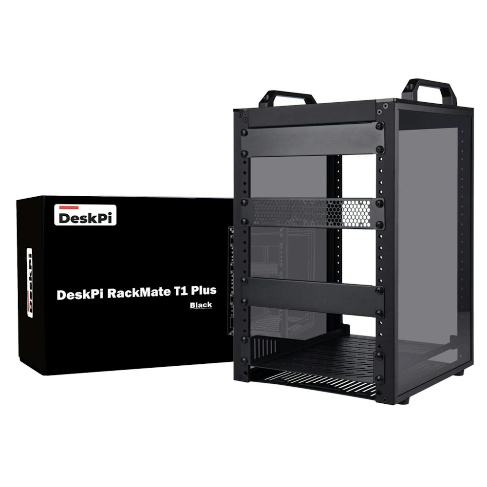 A large main feature product image of DeskPi RackMate T1 Plus Rackmount 10" 8U Server Cabinet (Black)