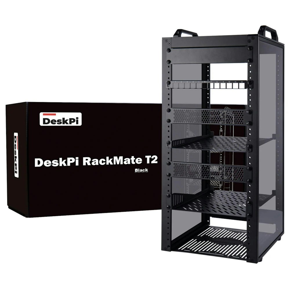 A large main feature product image of DeskPi RackMate T2 Rackmount 10" 12U Server Cabinet (Black)