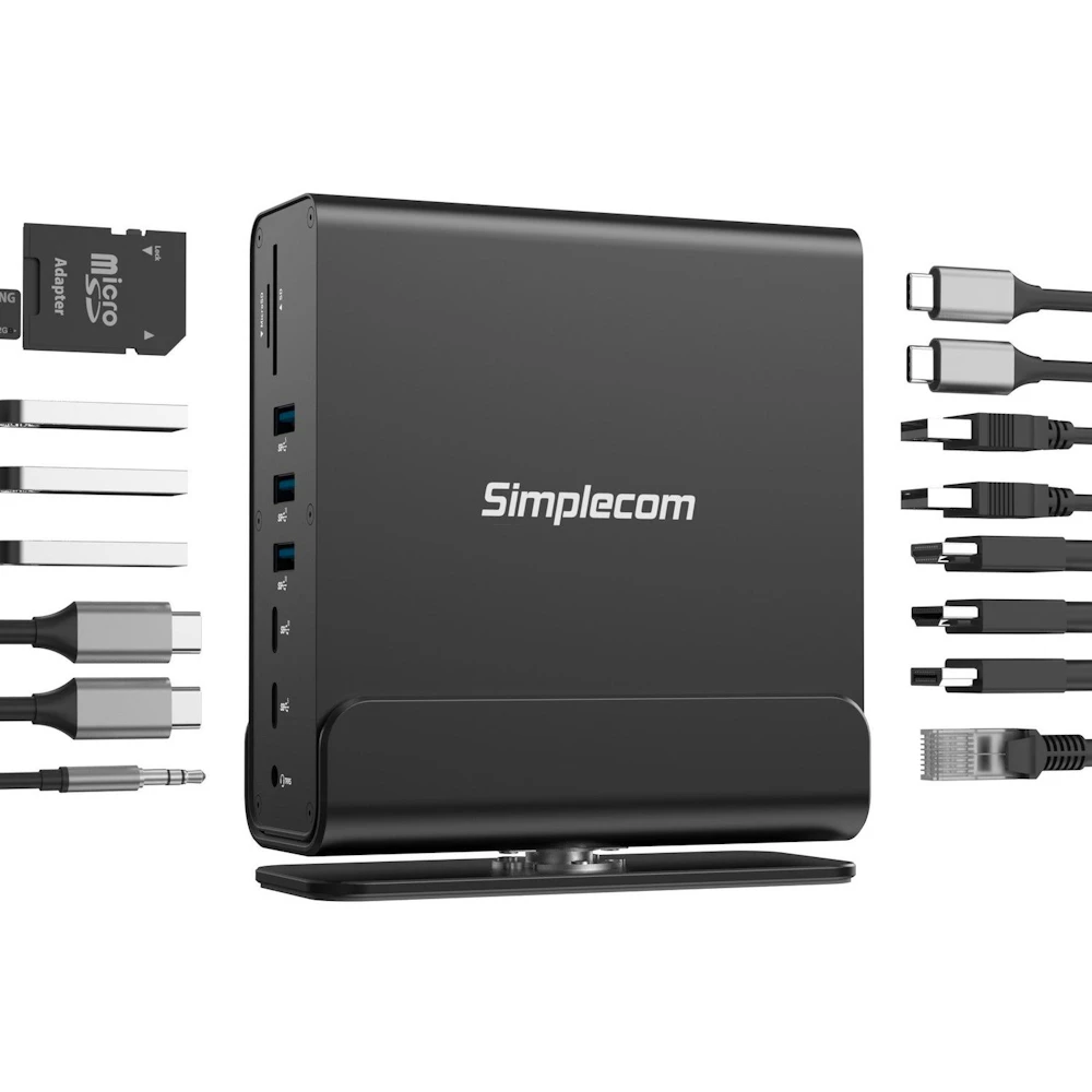 A large main feature product image of EX-DEMO Simplecom CHT815 15-in-1 USB Type-C 4K Triple Display MST Docking Station with Dual HDMI DP